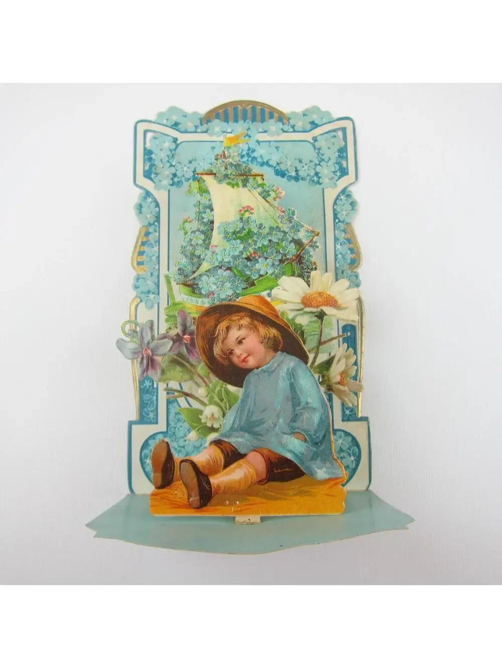 Valentine 3D Pop Up Die Cut Blonde Boy Hat Ship Daisy Blue Flowers Antique 1924